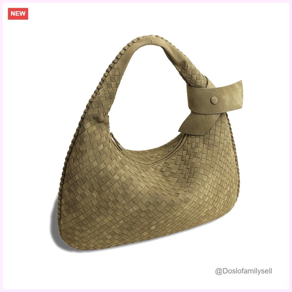 Faux Suede Woven Hobo Shoulder Bag Slouchy Tote with Zipper Closure